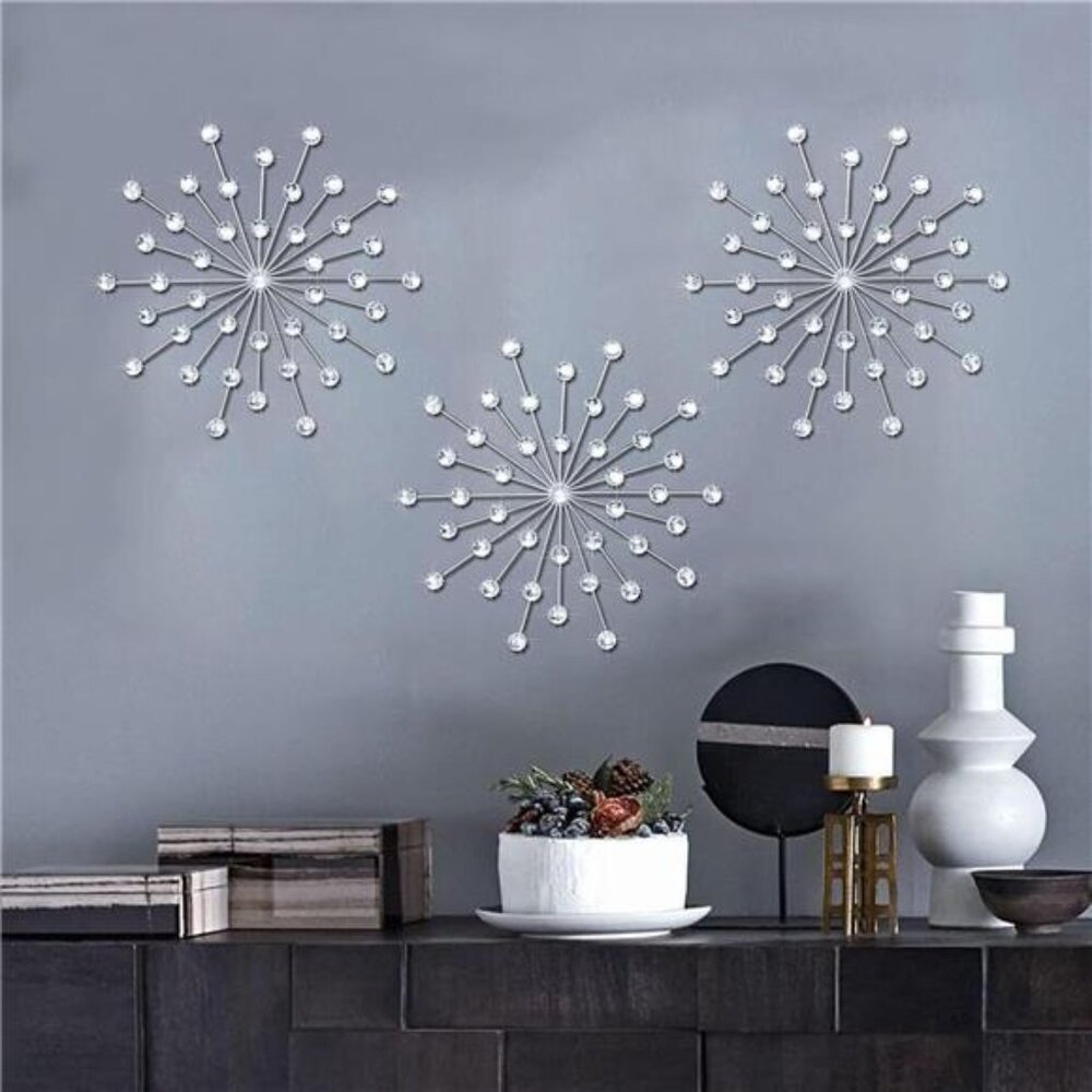 3Set Silver Metal Jeweled Wall Art Bling Crystal Home Décor Sun Burst Rhinestone